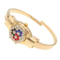 Macro detail view of elegant gold bangle watch featuring a colorful rhinestone flip cover - Random Pattern / Gold