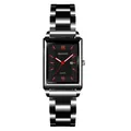 Orologio al quarzo quadrato professionale da uomo con cinturino in acciaio nero e indici rossi - Cinturino Nero Quadrante Nero Lancette Rosse