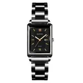 Orologio al quarzo da uomo elegante con quadrante nero rettangolare e cinturino in acciaio - Cinturino Nero Quadrante Nero Lancette Arancioni