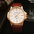 Close-up of Yazole men's quartz watch with white dial and rose gold case - Brown Strap White Dial