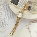 Elegant gold rectangular quartz watch with diamond bezel and steel strap detail. - Gold (10.30（11）)