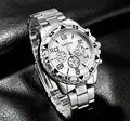 Detailed close-up view of Geneva men's business quartz watch with silver steel band. - Silver Case White Dial