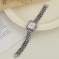 Detailed view of women's silver square quartz watch with pink dial and rhinestones - Silver Case Pink Dial
