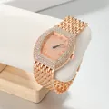 Close-up of luxury rose gold tonneau watch for women with full crystal pave dial - Strap: 20*2.2cm, Dial Diameter: 3.8*4cm / Rose Gold