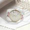Close-up of elegant floral rose print stretch band watch with large golden numerals - White
