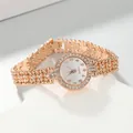 Detailed macro view of rose gold quartz watch with rhinestone bezel and bracelet strap. - Rose Gold