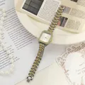 Elegant women's square quartz watch with silver gold stainless steel band and crystal bezel - Two-tone (10.30（11）)