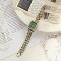 Elegant women's square green dial quartz watch with gold and silver two-tone steel strap. - Two-Tone Green