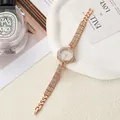 Detailed view of a rose gold flower-shaped watch with a rhinestone-studded bracelet - Rose Gold