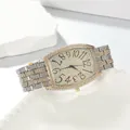 Close-up of luxury lady's quartz watch with full rhinestone dial and creative numerals - Band: 15.5*2.2cm, Dial: 3.7*4.1cm / Bicolor Gold Silver