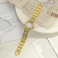 Elegant gold ladies quartz watch with full rhinestone inlay and Roman numerals - Gold