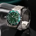 Detailed view of green dial men's quartz watch with stainless steel strap - Green