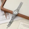 Detail of luxury silver women's watch with rhinestone bezel and link bracelet - Silver