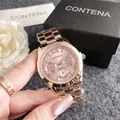 Macro view of rose gold CONTENA quartz watch showing multi-function dials and metal strap - Rose Gold