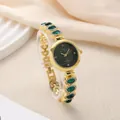 Luxury women's gold-toned bracelet watch with green stones and rhinestones - Black Dial + Green Gold Bracelet