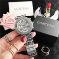 Macro detail of luxury silver rhinestone women's watch with CONTENA branding and dials - Silver (1S)