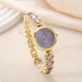Luxury gold-tone women's bracelet watch featuring purple oval stones and crystal trim - Purple Gold
