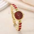 Luxurious gold-tone women's jewelry bracelet watch with red stones and crystals - Red and Gold