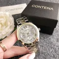 Detailed view of luxury Contena quartz watch with three sub-dials and two-tone metal wrist strap. - Silver and Gold