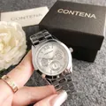 Close-up of a silver Contena business quartz watch with three dials and metal strap - Silver