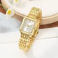 Close-up of elegant ladies rectangular quartz watch with gold metal link strap - Gold White (Steel Band)