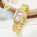 Elegant rectangular gold watch with pink dial and stainless steel link band detail - Gold Pink (Steel Band)