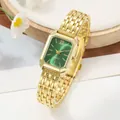 Detailed view of luxury rectangular ladies watch with green dial and gold steel strap - Gold Green (Steel Band)