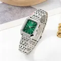 Macro detail of elegant rectangular women's quartz watch with green dial and silver steel strap - Silver Green (Steel Band)