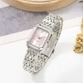 Close-up detail of luxury rectangular women's watch with pink dial and silver steel strap - Silver Pink (Steel Band)