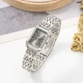 Elegant silver rectangular quartz watch for women with grey sunburst dial and steel band - Silver Black (Steel Band)