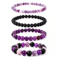 Set of four beaded bracelets featuring natural amethyst and black lava stone beads - Purple Stone Black Lava Rock Set (WB1392) / 4 Pieces/Pack