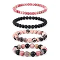 Set of 4 natural rhodonite and black lava stone healing crystal beaded stretch bracelets - Red Wood Stone Lava Rock Pink Speckled Set (WB1392) / 4 Pieces/Pack