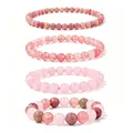 Detail view showing four stacked pink crystal and natural stone beaded bracelets - Pink Tone Natural Stone Set (WB1392) / 4 Pieces/Pack