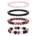 Natural stone beaded bracelet set including pink rose quartz and rhodonite for healing - Pink Black Wood Stone Set (WB1392) / 4 Pieces/Pack