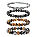 Four-piece set of natural stone bracelets with tiger's eye and hematite round beads - Hematite Black Agate Tiger Eye Set (WB1392) / 4 Pieces/Pack