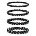 Set of four black beaded bracelets in varying sizes for a layered look. - Shiny Black Onyx Texture Set (WB1392) / 4 Pieces/Pack