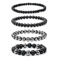 Set of 4 natural stone beaded bracelets featuring black lava, obsidian, and hematite beads - Black Lava Rock Obsidian Hematite Set (WB1392) / 4 Pieces/Pack