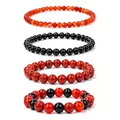 Natural stone beaded bracelet set featuring red jasper and black obsidian beads - Red Black Agate Color Block Set (WB1392) / 4 Pieces/Pack