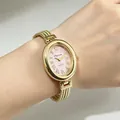 Elegante goldene ovale Damenarmbanduhr mit strukturiertem rosa Zifferblatt und präzisem Quarzwerk - Goldgehäuse Rosa Zifferblatt