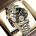 Vue détaillée d'une montre de luxe pour homme à cœur ouvert avec bracelet bicolore - Bicolore Cadran Noir - Bracelet Acier