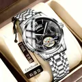 Λεπτομερής προβολή ανδρικού ρολογιού skeleton tourbillon με ασημί μπρασελέ σε κουτί δώρου. - Ασημί Κάσα Μαύρο Καντράν - Ατσάλινο Λουράκι