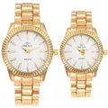 Dettaglio degli orologi al quarzo GREALY per coppia in acciaio inossidabile dorato e ghiera. - Oro Quadrante Bianco Uomini
