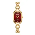Close-up of elegant oval ladies quartz watch featuring a gold bean chain and deep red dial - Red Dial (202681501) / Gold