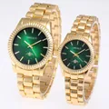 Detailed view of gold fashion couple quartz watches set featuring sunburst green dials - Gold Color Green