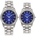 Pair of couple wristwatches with silver steel straps and blue dials, quartz movement. - Male Style / Silver Blue Dial