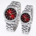 Elegant couple watch set with red sunburst dials and silver stainless steel bands - Male Style / Silver Red Face
