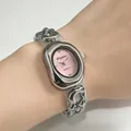 Montre à quartz élégante pour femme avec cadran ovale rose et bracelet à maillons argentés - Boîtier Argent Cadran Rose