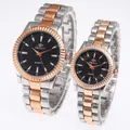 Coppia di orologi al quarzo business con cinturino in acciaio bicolore e quadrante nero - Bicolore Oro Rosa Quadrante Nero Uomini