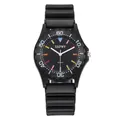 Detail view of children's sports quartz watch with colorful markers and black silicone strap - Rainbow Scale Style (SR204)