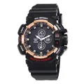 Vollansicht der schwarzen wasserdichten Sportuhr mit roségoldener Lünette und Band - Dual-Display Sportstil (SR801)